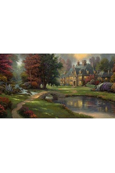 GRELYS PRINT Tablou Canvas, Peisaj, Conacul ideal 1, padure, rau, pod, 80 x 5...