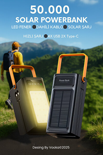 MO DOU 50.000 mAh Solar Powerbank | LED Işıklı, Dahili Kablolu, 4× USB + 2× T...