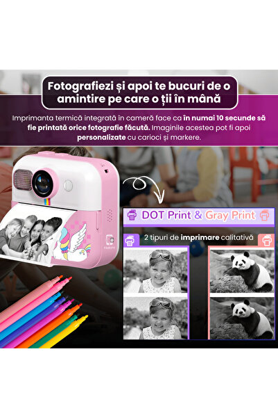 FAMIFY Cameră instantanee pentru copii, 48MP, Full HD, jocuri educative, muzică, 1500mAh, SD 64GB, USB, autocolante, roz