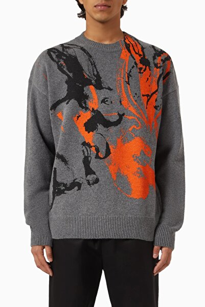 MSGM Boya Sıçrama Baskılı Örgü Kazak, Çok Renkli, Yuvarlak Yaka ve Yivli Süslemeli