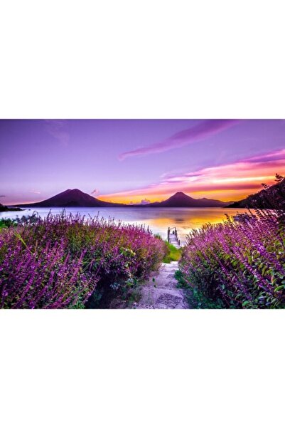 GRELYS PRINT Pictură pe pânză, Munți, Apă, Flori, Ponton, 90 x 60 cm, Ramă di...