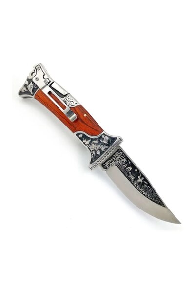 Yacht TNG Folding hunting knife with engraved wooden handle, steel blade, leather sheath, 23 cm, Silver