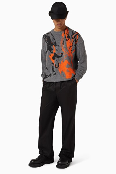 MSGM Boya Sıçrama Baskılı Örgü Kazak, Çok Renkli, Yuvarlak Yaka ve Yivli Süslemeli