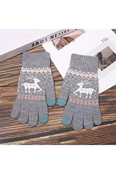 Flippy Women's Gloves, Reindeer Pattern, Touchscreen, Knitted Acrylic, One Size, Grey