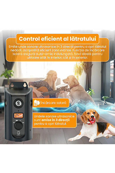 FAMIFY Dispozitiv anti-lătrat cu ultrasunete pentru câini, 15 m, 3 moduri, încărcare solară/USB, sigur, IPX5, negru