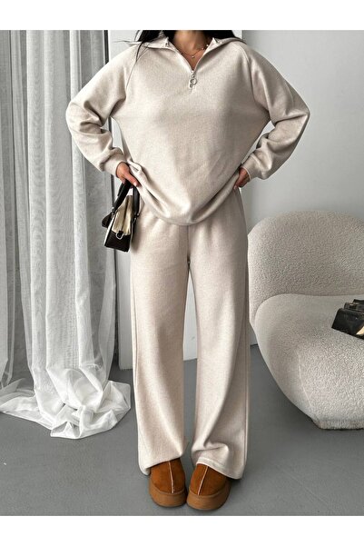 MY DEPO Women's Zippered Polo Neck Sweatshirt Wide Leg Pants Set
