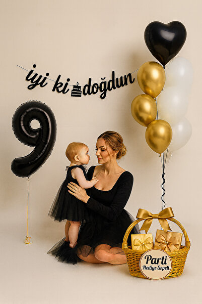 parti hediye sepeti Doğum Günü Balon Seti Siyah Gold Beyaz | Rakam Folyo ve K...