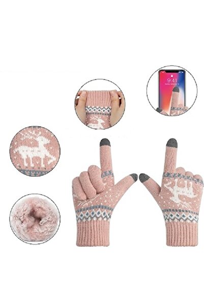 Flippy Women's Gloves, Reindeer Pattern, Touchscreen Function, Acrylic, Pink, One Size