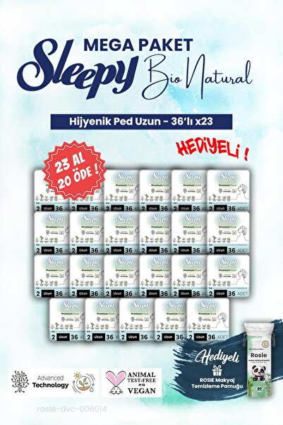 Sleepy Bio Hijyenik ped 23 AL 20 ÖDE 36'lı Uzun Mega Paket ve ROSIE makyaj pa...