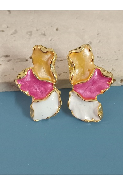 mos&more Pink Beige White Enamel Half Flower Small Earrings
