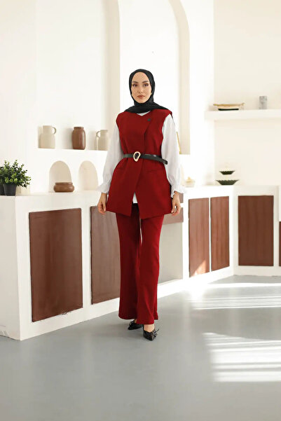 müqofficial Belted Asymmetrical Cut Vest Trousers Set - Burgundy