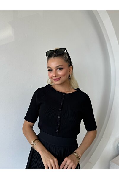 FEHUBLOOM سترة نسائية سوداء مفتوحة من الأمام بأزرار وياقة دائرية ونسيج محبوك رقيق