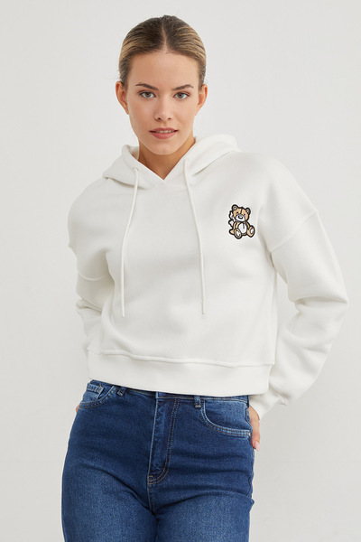 Fulla Moda 3 Yarn Teddy Bear Embroidered Hooded Sweatshirt