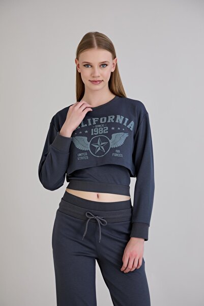 Sortie Women's Elastic Waist California Printed Anthracite Crop Sweatshirt