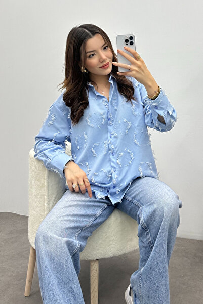 Bipantolon Cămașă de damă cu nasturi, albastră, cu detaliu cu ciucuri