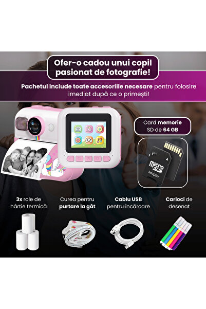 FAMIFY Cameră instantanee pentru copii, 48MP, Full HD, jocuri educative, muzică, 1500mAh, SD 64GB, USB, autocolante, roz