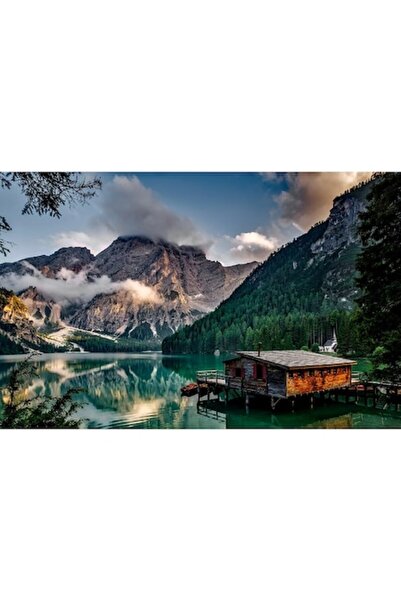 GRELYS PRINT Tablou Canvas, Lac de munte, Ceata, Nori, Cabana, 80 x 50 cm, Ra...