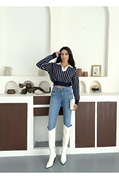 NOA LİNE Women's Soft Textured Navy Blue Polo Neck Knit Sweater