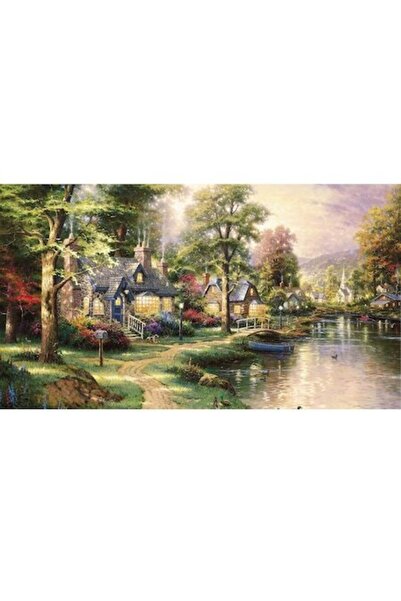 GRELYS PRINT Tablou Canvas, Peisaj, Padure, lac, orasul ideal 2, 80 x 50 cm, ...