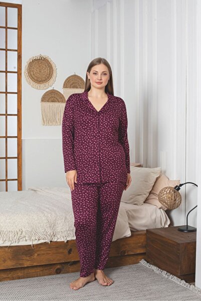 Asel Plus Size Sendy Fabric Full-Length Buttoned Pajama Set