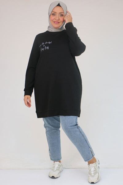Eslina 58128 Plus Size Print Detailed Modal Tunic - Black
