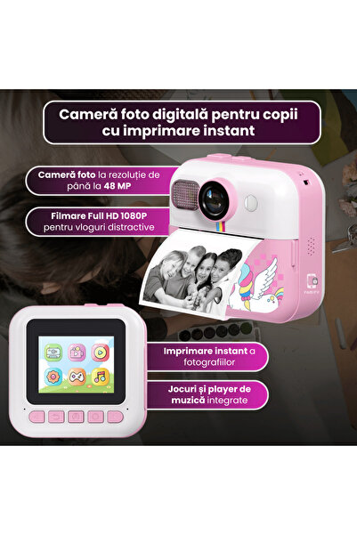 FAMIFY Cameră instantanee pentru copii, 48MP, Full HD, jocuri educative, muzică, 1500mAh, SD 64GB, USB, autocolante, roz
