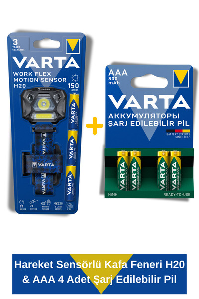 Varta Work Flex Hareket Sensörlü Kafa Feneri H20 & Şarj Edilebilir İnce Kalem Pil 4 Adet