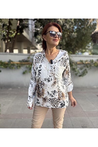 DenizEge Ιταλική μπλούζα με κουκούλα λεοπάρ λευκή