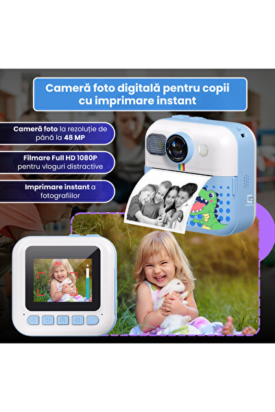 FAMIFY Cameră instantanee pentru copii, 48MP, Full HD, jocuri educative, muzică, 1500mAh, SD 64GB, USB, autocolante, albastru