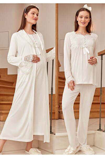 Lohusa Homewear Women's Ecru Special Design Lace Cotton Maternity Dressing Gown, Pajama Set, Nightgown 4-Piece Set