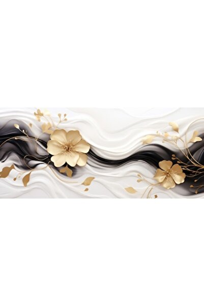 GRELYS PRINT Tablou Canvas, Flori gold, alb si negru, 90 x 40 cm