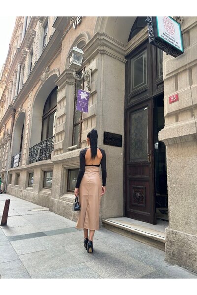 369 etnik butik High Waist Faux Leather Pencil Skirt – Midi Length with Belt Detail