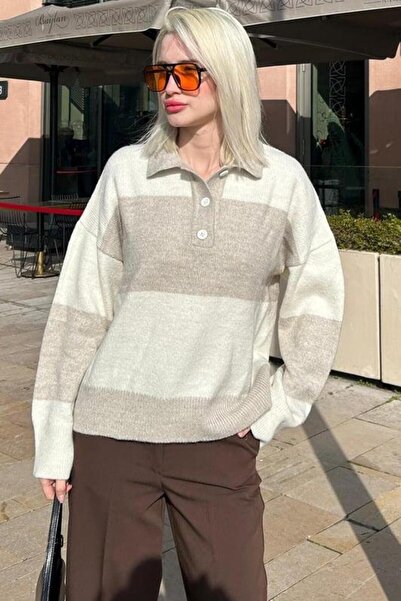 Seeh Γυναικείο πουλόβερ με ριγέ γιακά πόλο με μπεζ κουμπιά SH318