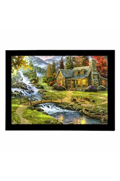 GRELYS PRINT Pictură pe pânză cu ramă, Peisaj, Toamnă, Râu, Cabană, 30 x 20 cm,