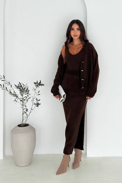 CİDDE Women's Gold Buttoned Strap Blouse + Cardigan + Skirt 3-Piece Beard Knitwear Set