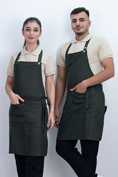 Das Uniform Çizgili Ayarlanabilir Düğmeli Arkadan Bağcıklı Önlük