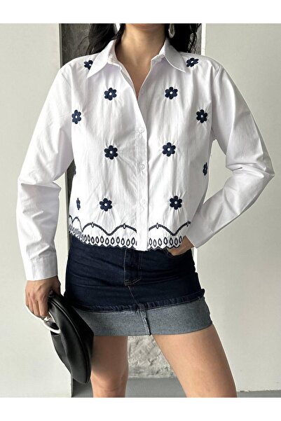 studio fashion 1988 Women's White Floral Embroidery Detailed Button Closure Long Sleeve Cotton Shirt