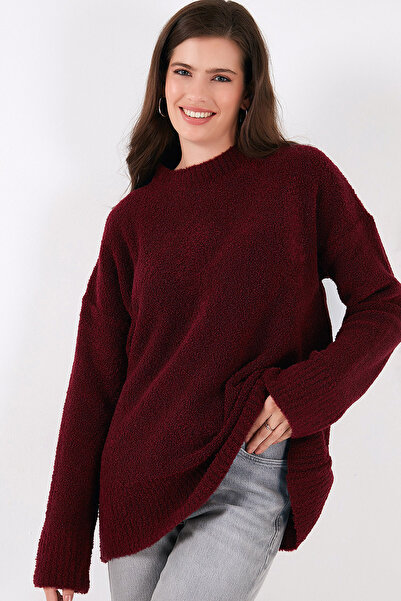 MissThetis Yuvarlak Yaka Uzun Kol Düşük Omuz Oversize Kırçıllı Şık ve Cool Yu...