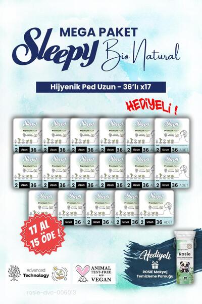 Sleepy Bio Hijyenik ped 36'lı Uzun 17 AL 15 ÖDE Mega Paket ve ROSIE makyaj pa...