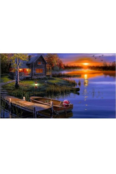 GRELYS PRINT Tablou Canvas, Peisaj, Cabana ideala 16, lac, noapte 80 x 50 cm,...