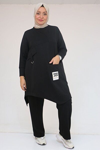 Eslina 57041 Plus Size Modal Pants Suit with Pocket Embroidery Detail - Black