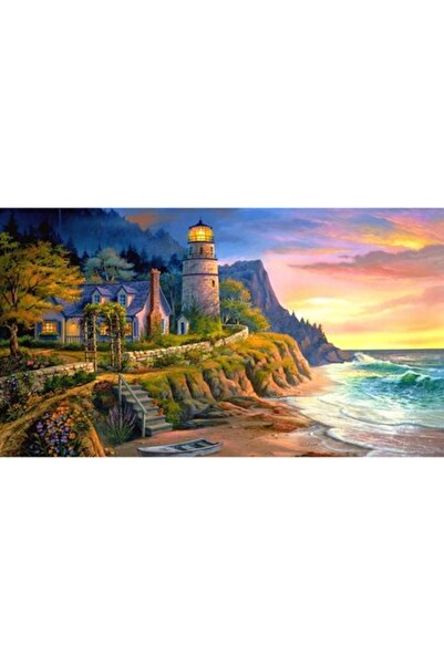 GRELYS PRINT Pictură pe pânză, Far, Casă, Plajă, Mare, Barcă, Peisaj, 90x50 c...