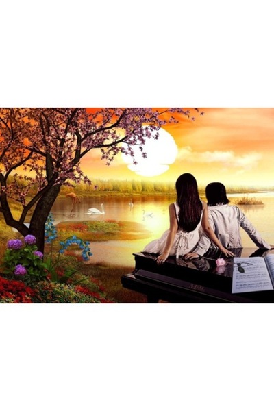 GRELYS PRINT Tablou Canvas, Iubiti, Lac, Lebede, Pian, 70 x 50 cm, Rama lemn,...