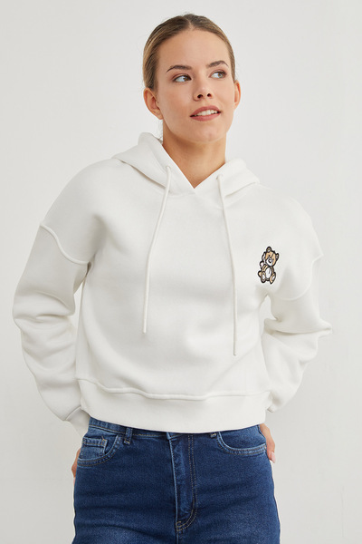 Fulla Moda 3 Yarn Teddy Bear Embroidered Hooded Sweatshirt
