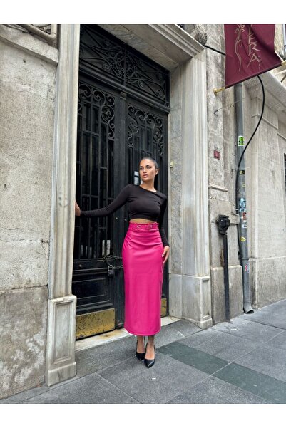 369 etnik butik High Waist Faux Leather Pencil Skirt – Midi Length with Belt Detail