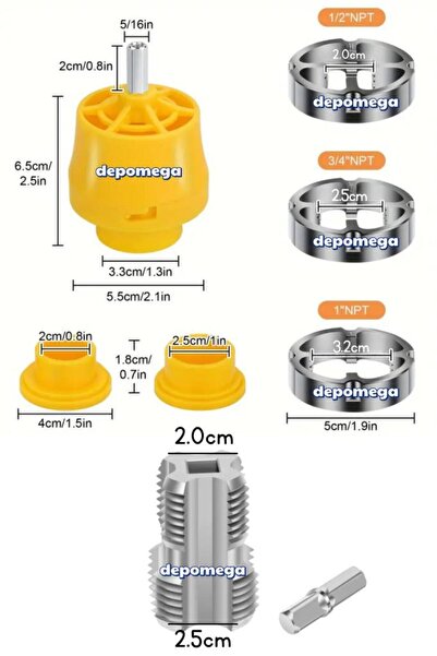 DepoMega 9 Parça İç Dış Plastik Boru Diş Açma Seti 1/2 - 3/4 - 1 No