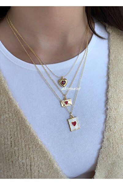 aksesuaris Kalpli Zirkon Taşlı 3'lü Kırmızı Kolye Kombin