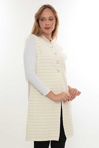 QUAWEAR Vestă Angora cu barbă, cu decolteu rotund și buzunar suplimentar