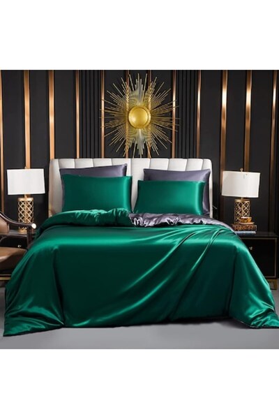 Luofanfei Satin Bedding Set, 200 x 220 cm, + 2 Pillowcases 80 x 80 cm, Dark Green - CN