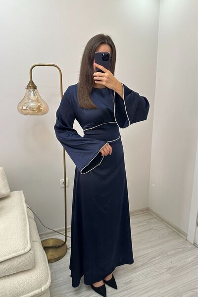 Hollyhocks Sırtı Bağcıklı Taşlı İspanyol Kol Saten Abiye